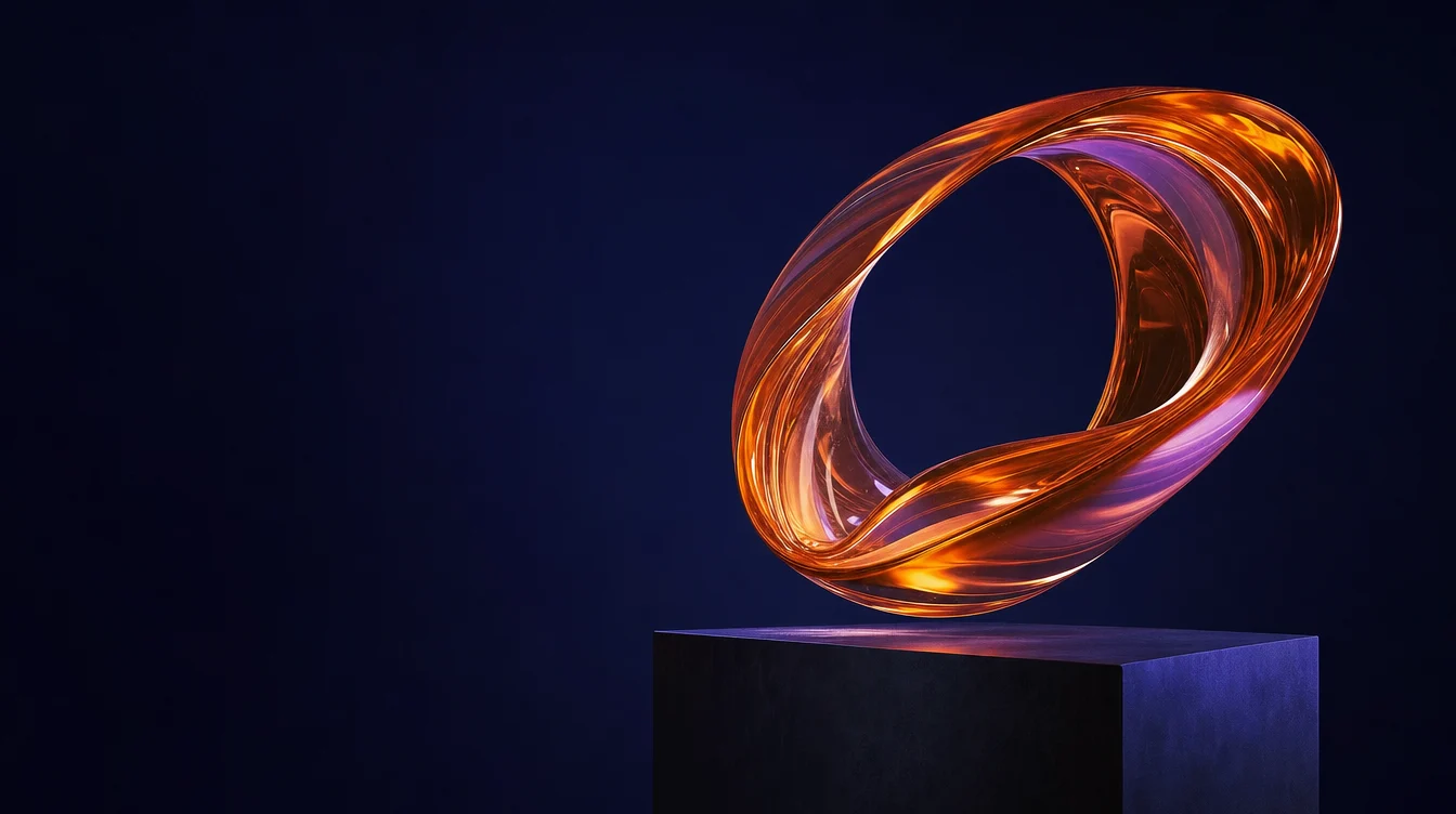 Sculptural coral glass loop on a dark architectural pedestal