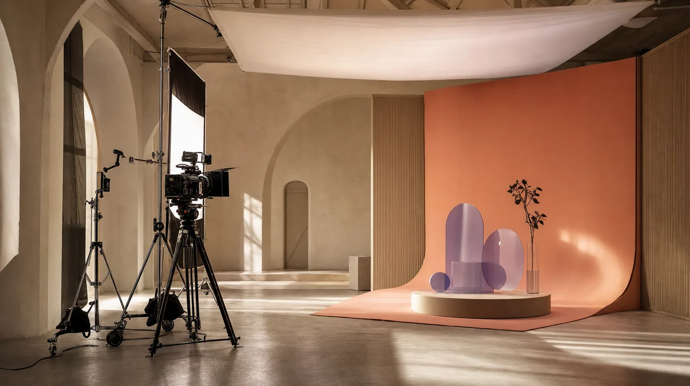 Creative production concept with studio lighting and a coral backdrop